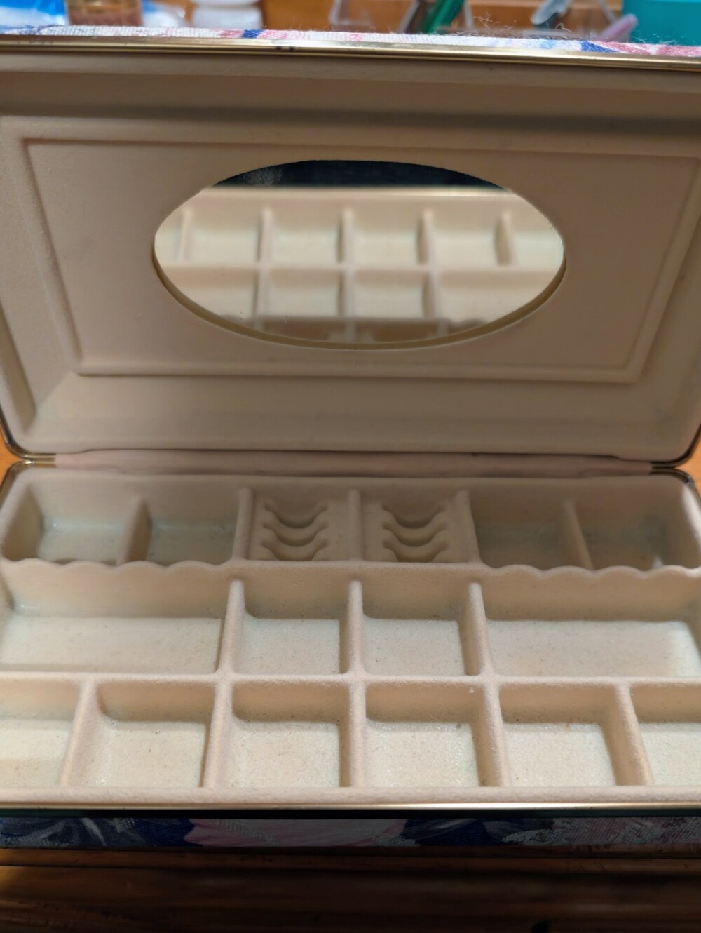 Vintage Travel Jewelry Organizer Box in Blue And Cream with Oval Mirror